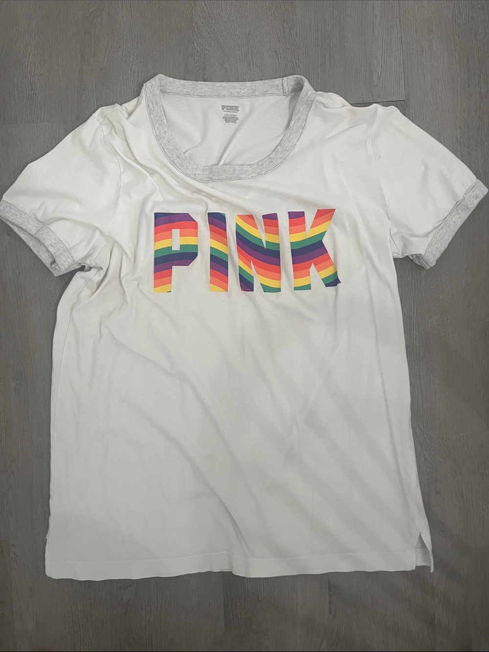 PINK Victoria's Secret White Ringer Tee with Rainbow Logo